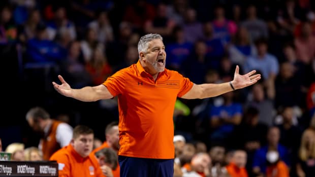 Feb 19, 2022; Gainesville, Florida, USA; Auburn Tigers head coach Bruce Pearl screams during the second half against the Florida Gators at Billy Donovan Court at Exactech Arena. Mandatory Credit: Matt Pendleton-USA TODAY Sports